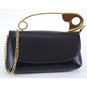 Smooth Black Vegan PU Leather Safety Pin Crossbody Purse Bag